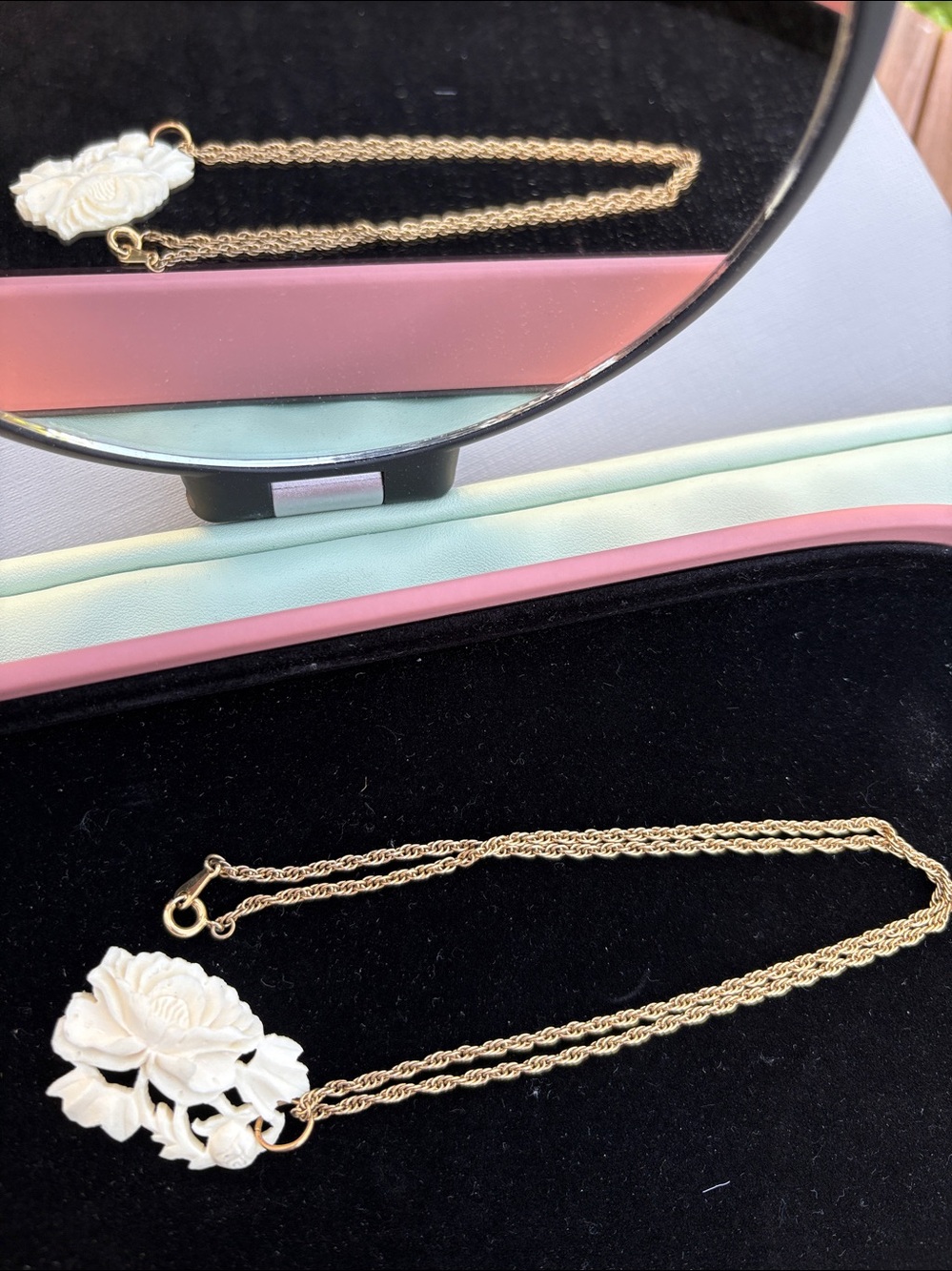 Vintage Hand-Carved Openwork White Peony Rose Pendant Necklace #340